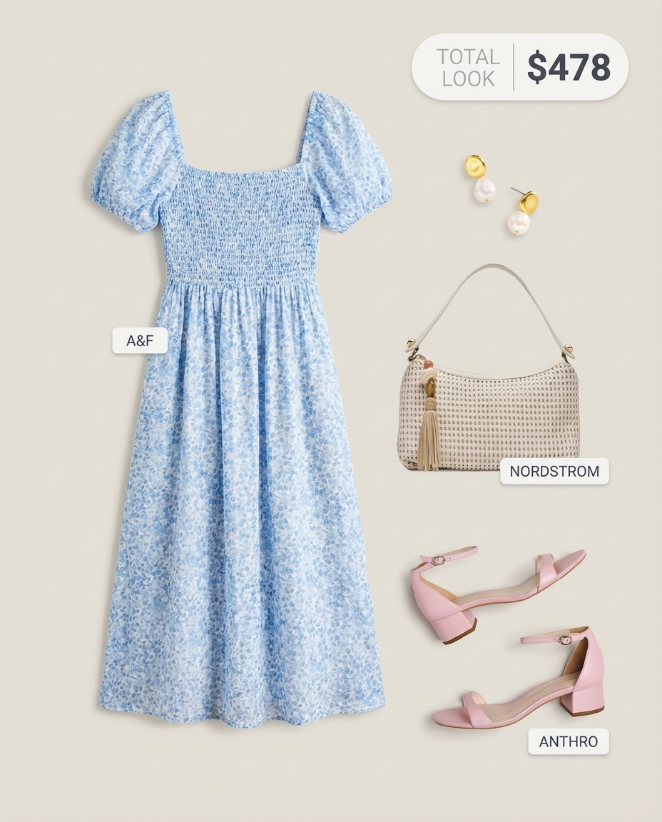 Feminine travel outfits for a garden party or vacation dinner, featuring a light blue floral print midi dress, nude pink block heel sandals, a woven crossbody bag, and pearl earrings.