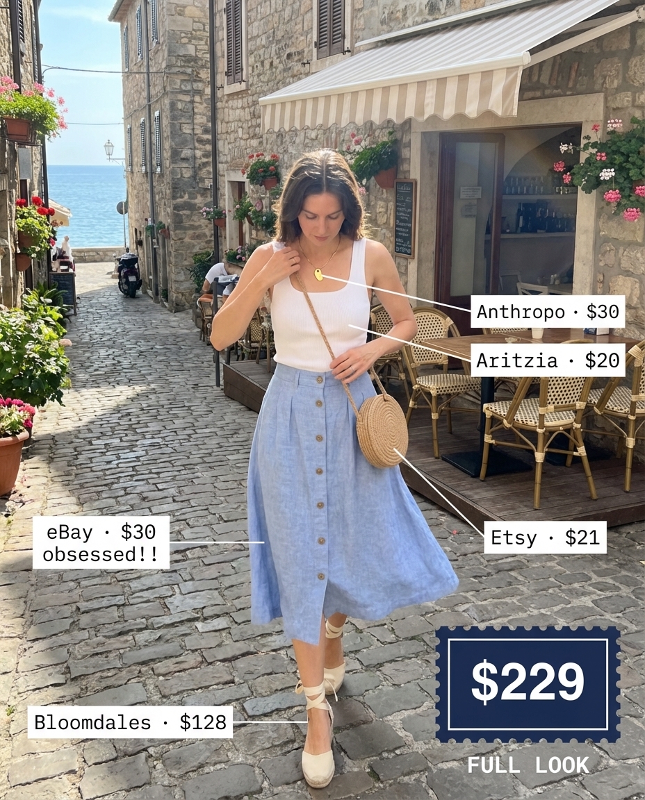Elegant travel outfits featuring a sky blue A-line linen midi skirt, white ribbed knit top, espadrille wedge sandals, and a round straw crossbody bag, ideal for Mediterranean coastal towns.