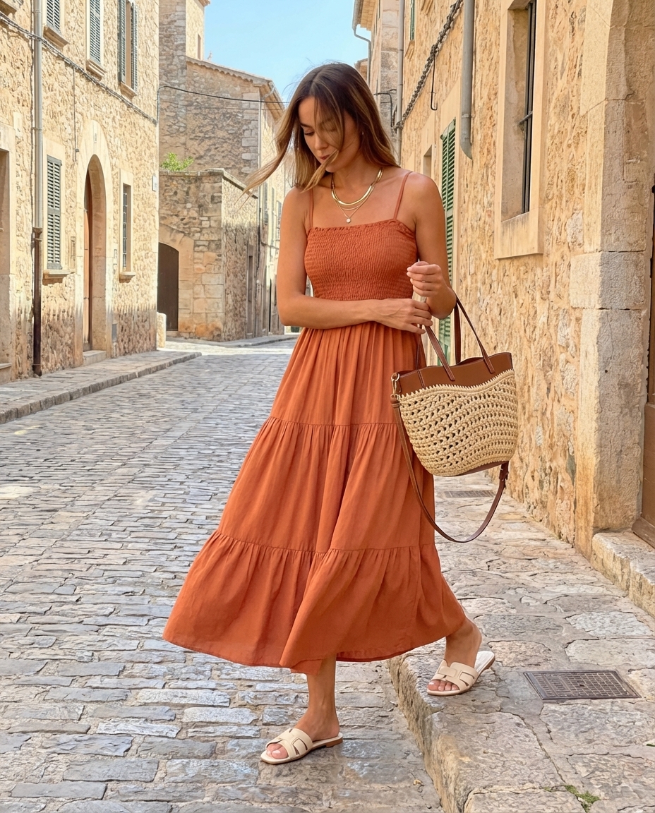 Bohemian terracotta tiered maxi dress, a gorgeous travel outfit for resort arrivals or beach holidays, paired with flat sandals.