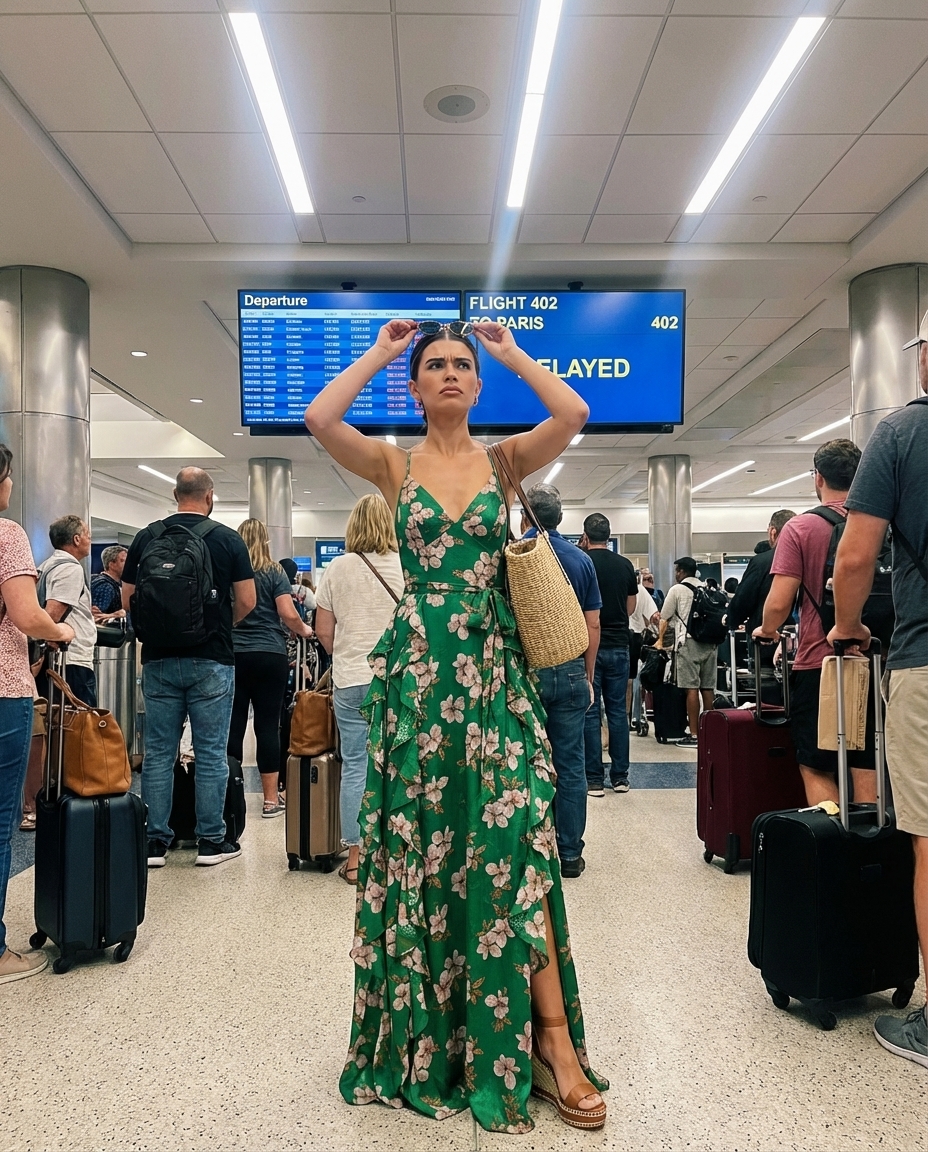 Vibrant and relaxed women's travel outfit for a resort stay, featuring an emerald green tropical print maxi dress, a woven straw tote, tortoise sunglasses, and espadrille wedge sandals.