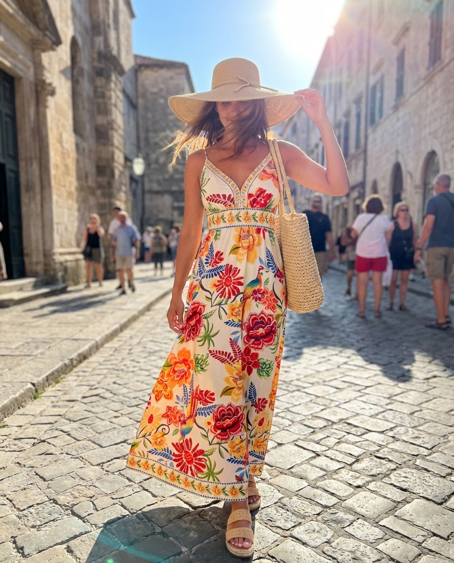 Relaxed tropical print maxi dress, a perfect travel outfit for a resort or beach vacation, with flat sandals and a straw hat.