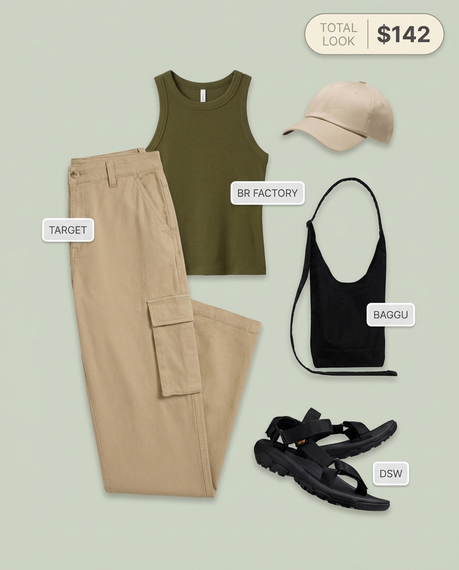 Safari adventure travel outfits featuring khaki high-waisted cargo pants, an olive green tank top, and black hiking sandals.