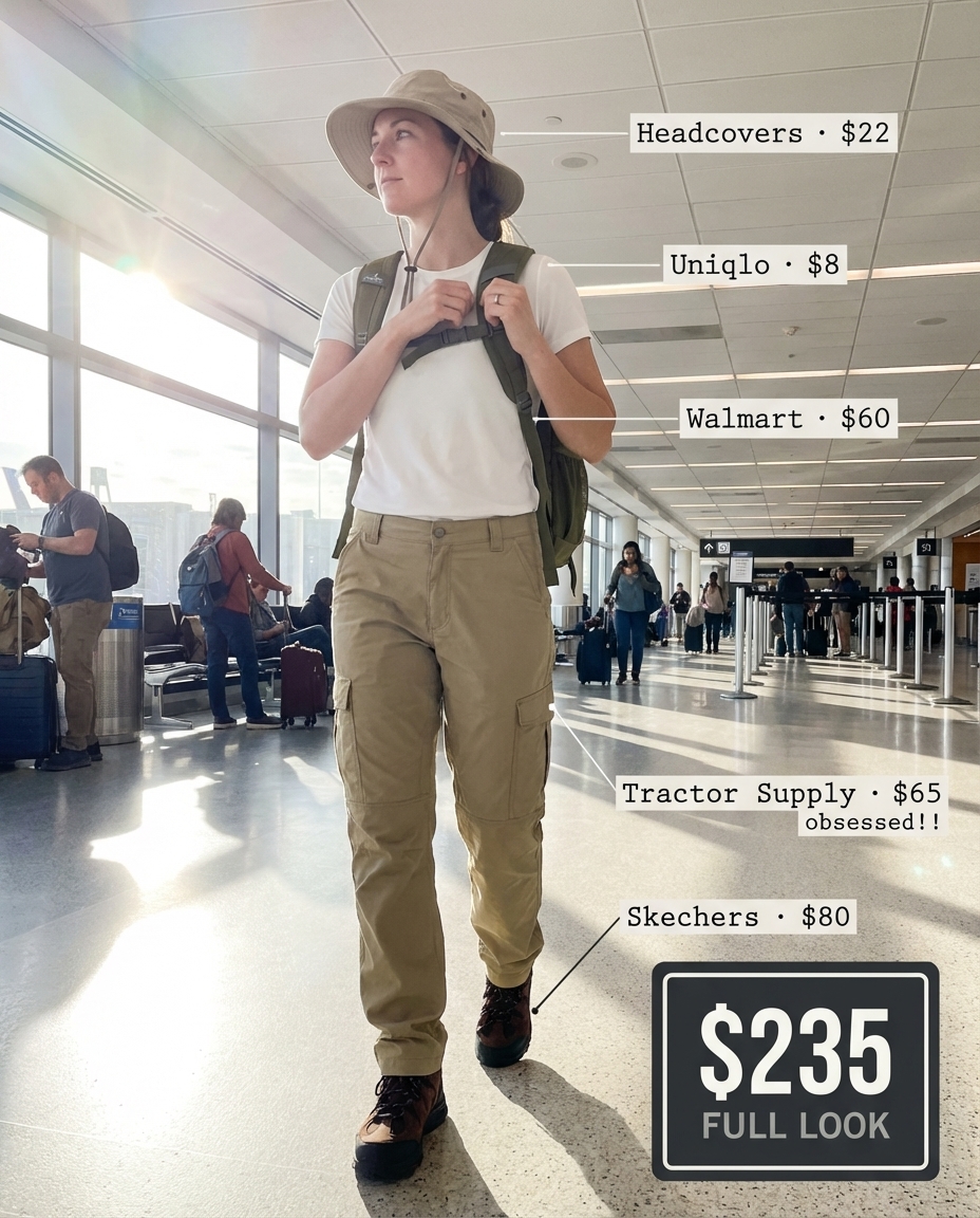 Practical women's travel outfit for a safari adventure, featuring khaki ripstop cargo pants, a white performance t-shirt, dark brown hiking boots, a small hiking backpack, and a wide-brim hat.