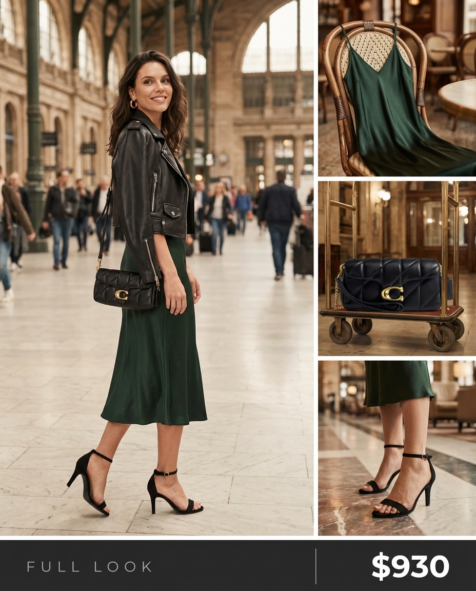 Chic women's travel outfit for an urban getaway, showcasing an emerald green satin slip dress, a black leather jacket, black heeled sandals, a mini shoulder bag, and gold hoop earrings.