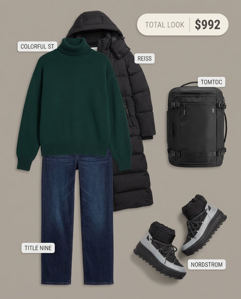 Warm winter travel outfits with a black longline puffer coat, emerald green turtleneck, fleece-lined skinny jeans, waterproof boots, and a travel backpack, perfect for cold weather.