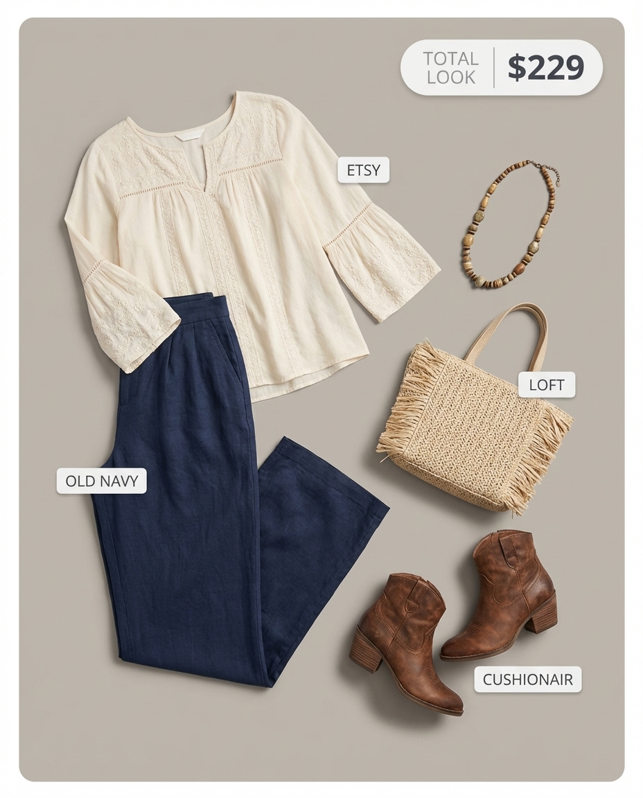 Relaxed boho western chic outfit 2026 with an embroidered peasant blouse, navy wide-leg linen pants, and brown ankle boots.