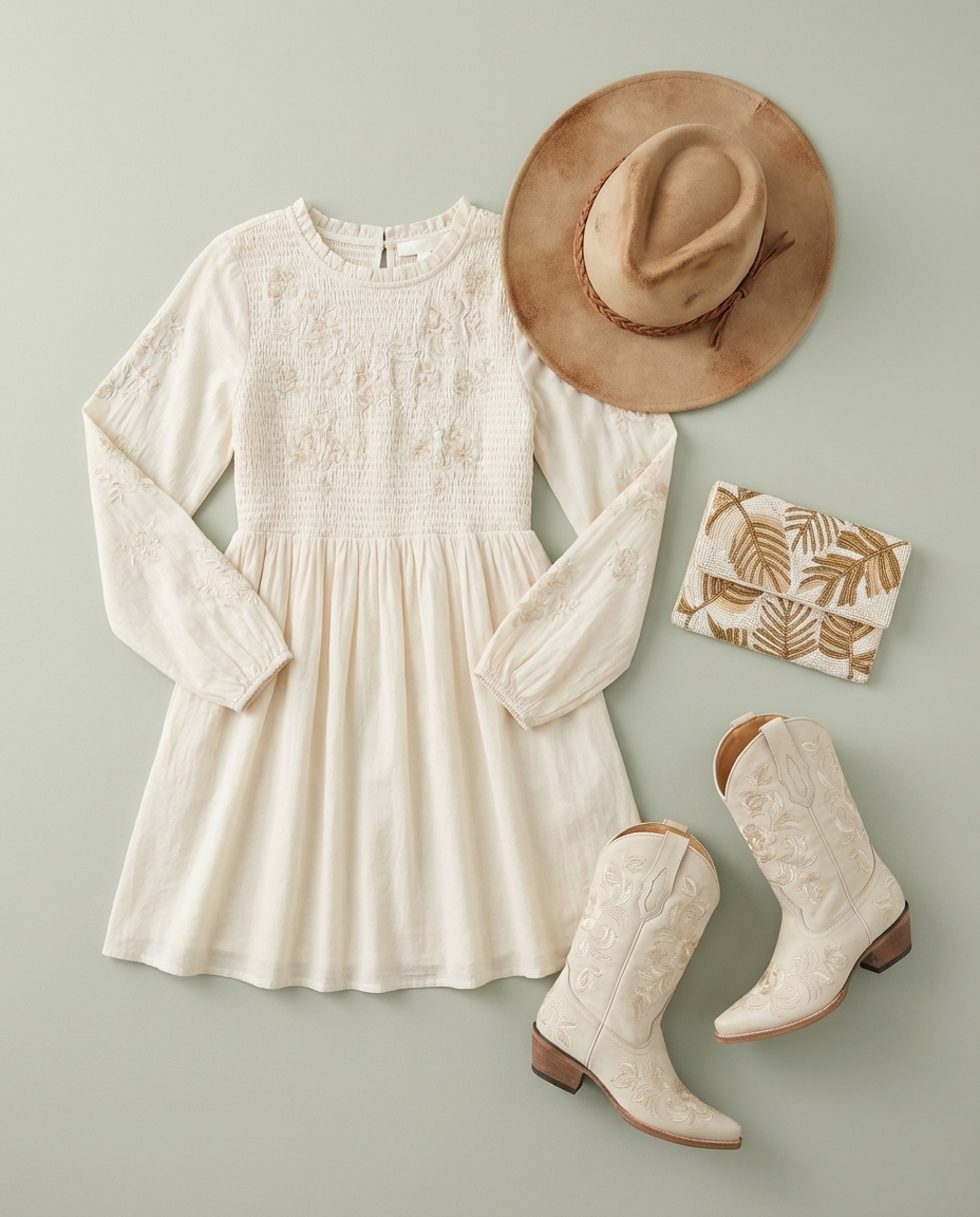 Playful boho rodeo glam western chic outfit with an off-white embroidered smocked mini dress, tan distressed cowboy boots, and a wide-brim felt hat, perfect for a festival or summer party. Find western chic outfits 2026.