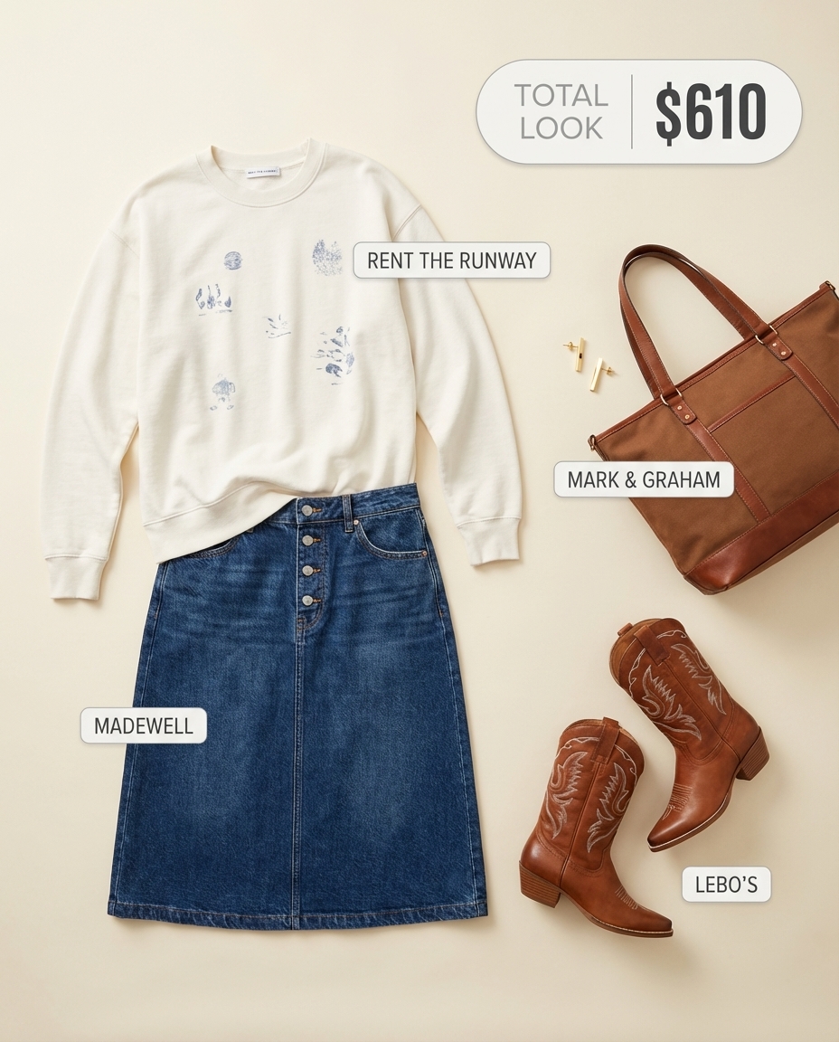 A relaxed canyon casual western chic outfits 2026 with a graphic sweatshirt, denim midi skirt, and brown leather cowboy boots. Canvas tote bag and gold stud earrings.
