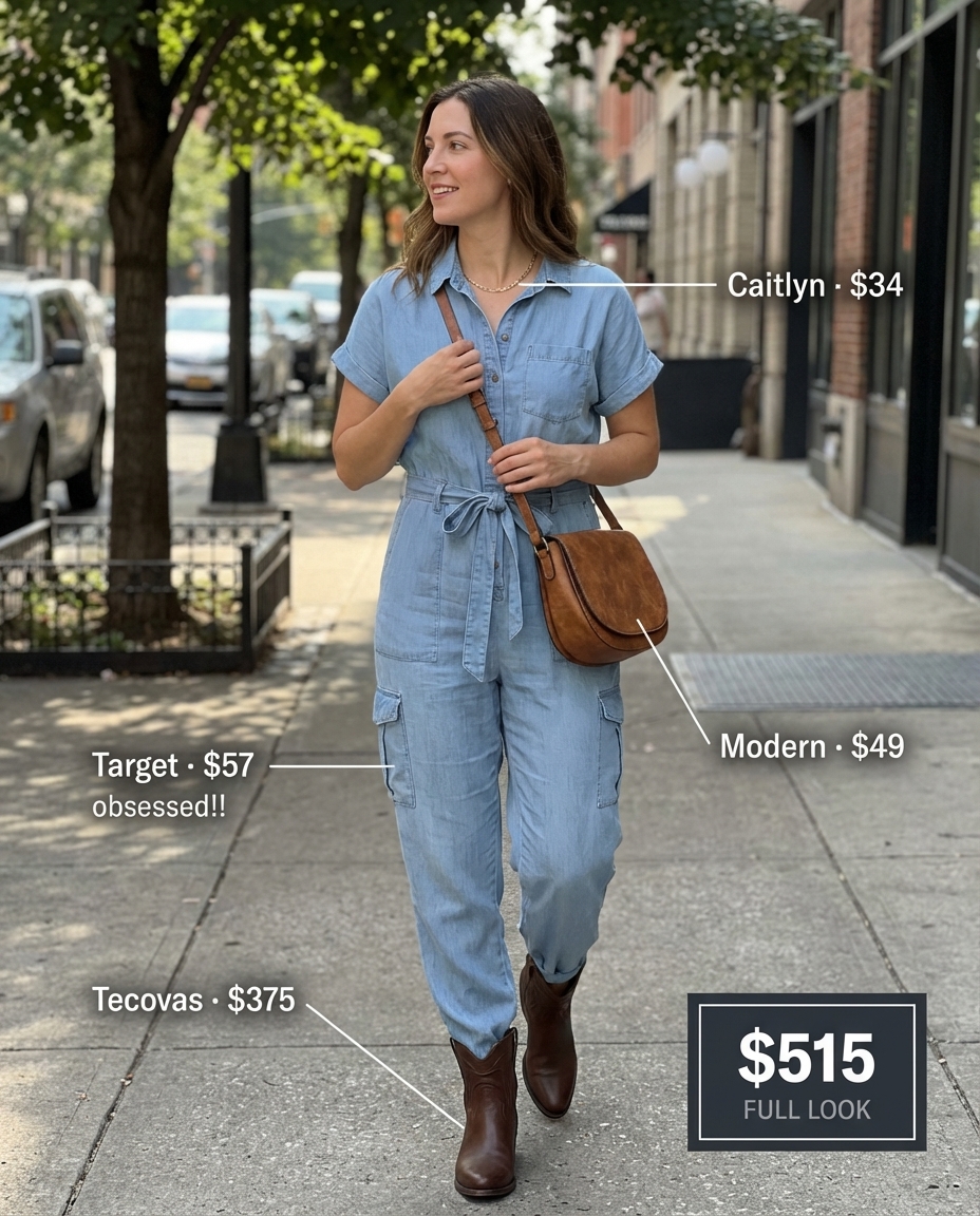 Effortless desert chic brunch western outfit featuring a light blue chambray utility jumpsuit, classic brown leather cowboy boots, and a delicate gold pendant necklace, perfect for a casual brunch or weekend outing. Explore western chic outfits 2026.