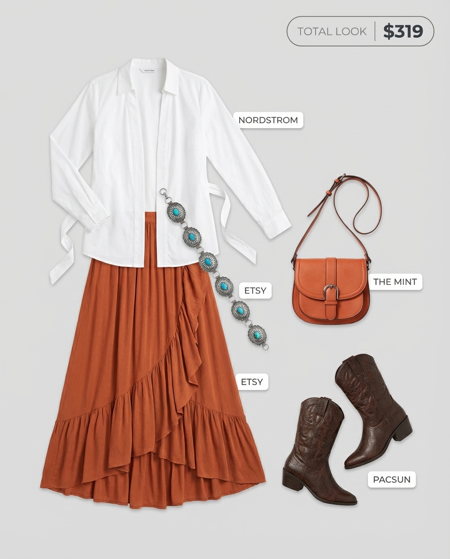 An earthy western chic outfits 2026 look with a terracotta tiered maxi skirt, white button-down, and brown cowboy boots. Features a statement turquoise concho belt and saddle bag.