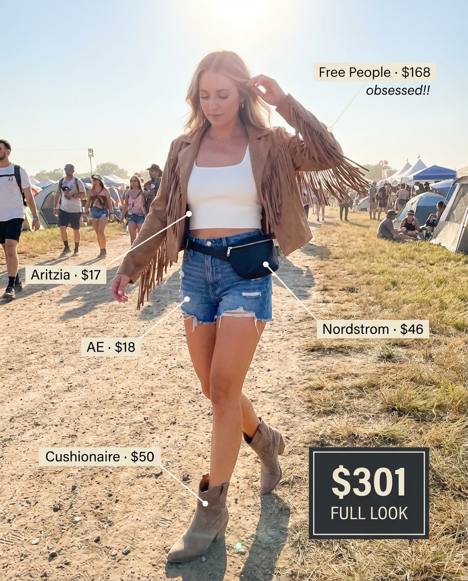 Playful festival western chic outfit 2026 with a tan fringe jacket, white crop top, distressed denim shorts, and white western boots.