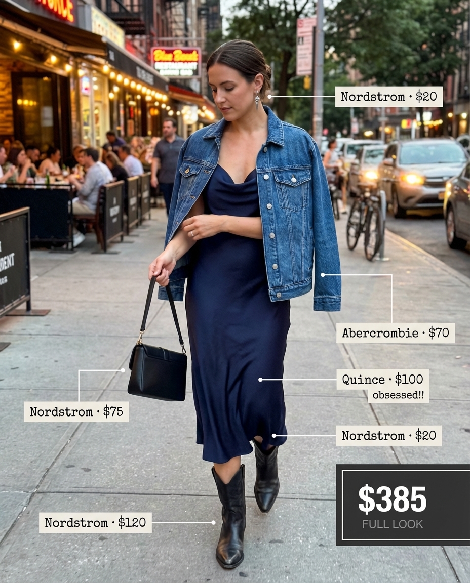 Sultry black midi slip dress and dark denim jacket for a western chic evening event. Accessorized with black cowboy boots and silver dangle earrings.