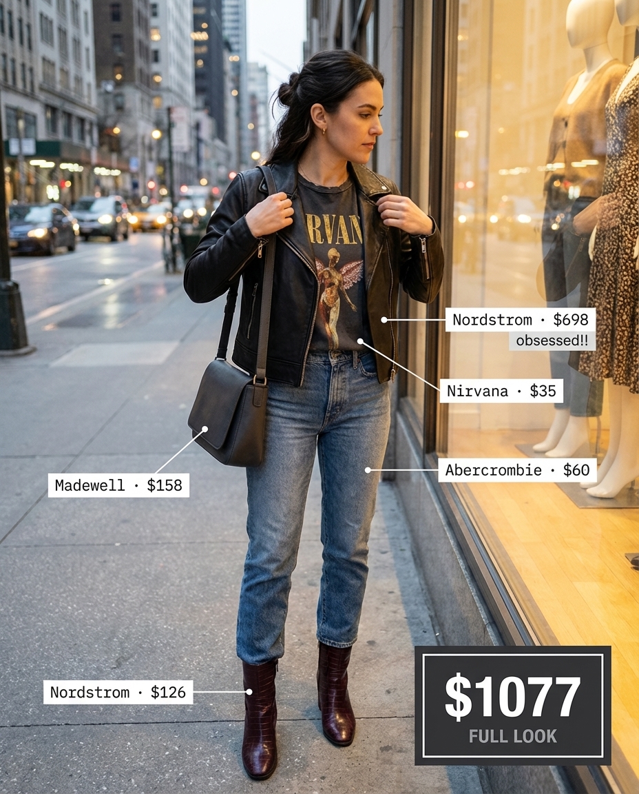 Edgy modern maverick western chic outfit featuring a black leather moto jacket, a graphic band tee, high-waisted straight leg jeans, and burgundy embossed leather cowboy boots, great for city exploration or a concert. See western chic outfits 2026.
