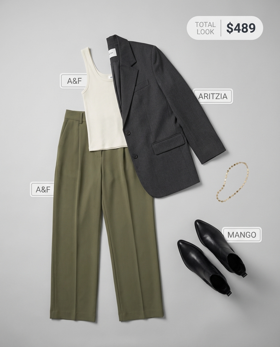 A polished modern rancher western chic outfits 2026 featuring an olive western-inspired blazer, black wide-leg trousers, and black leather ankle boots. Gold necklace and structured tote.