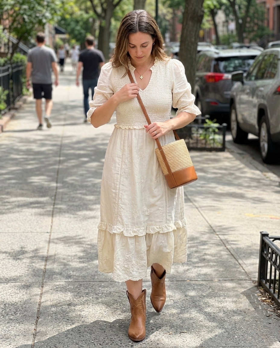 A feminine cream embroidered maxi dress with puff sleeves, tan suede ankle boots, and a straw crossbody bag for western chic outfits 2026.
