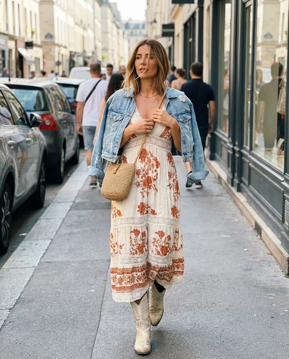 A free-spirited western chic outfit for 2026 featuring a terracotta tiered maxi dress, a cropped light wash denim jacket, cream short cowboy boots, a woven straw crossbody bag, and a layered gold pendant necklace, perfect for an outdoor event.