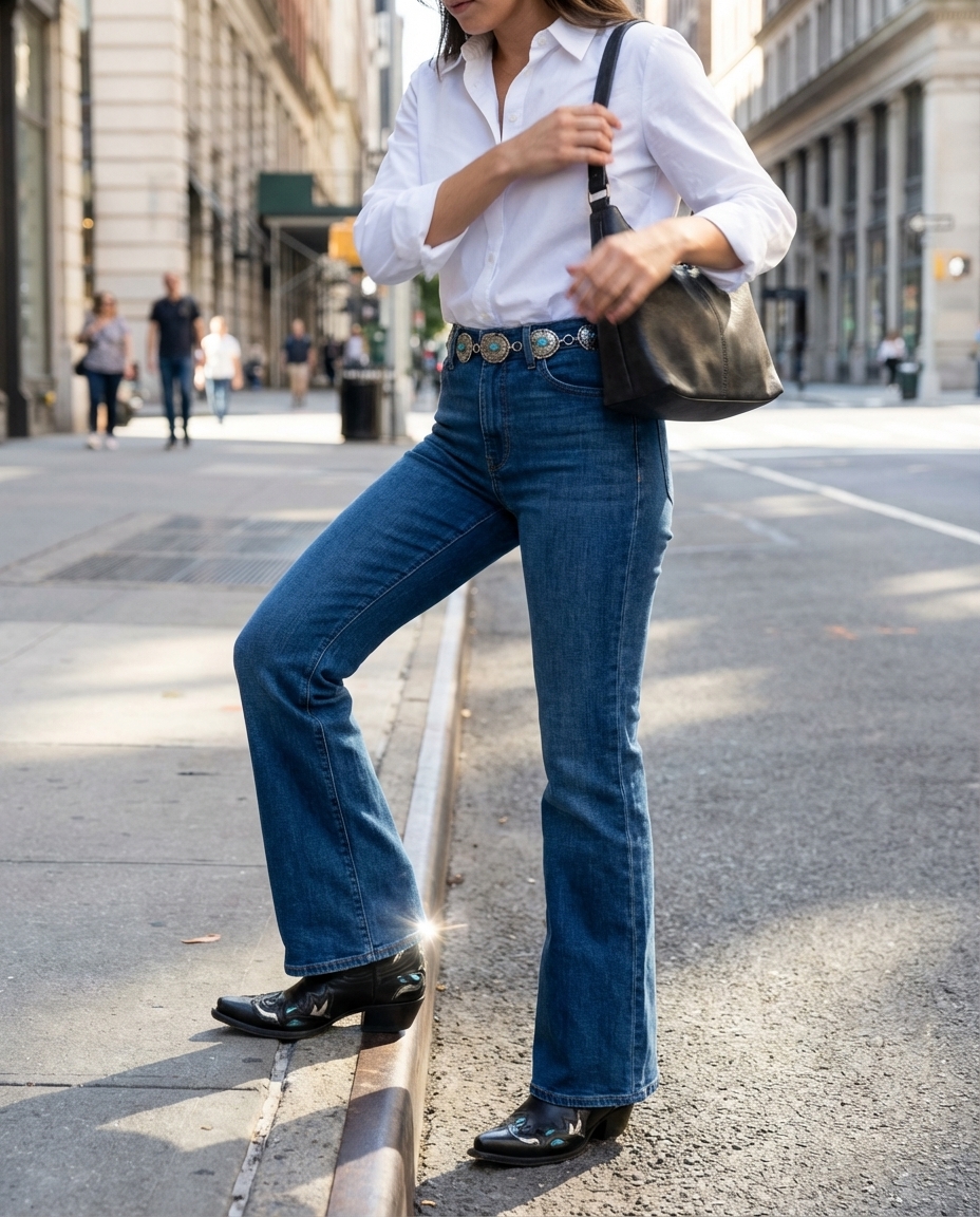 Sophisticated ranch hand glam western chic outfits 2026 with a white button-down, flare jeans, and black leather cowboy boots. Silver concho belt and mini shoulder bag.