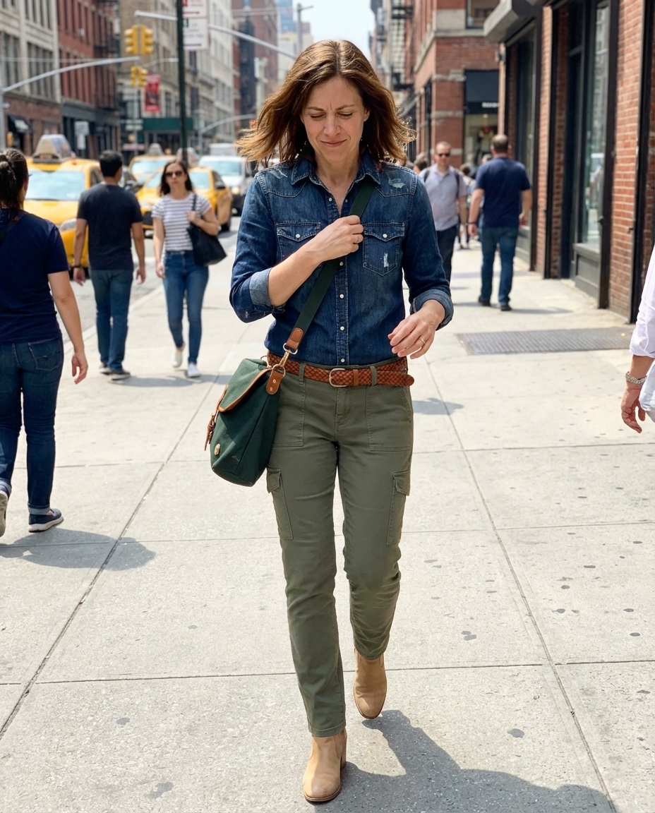 A ruggedly stylish western chic outfit for 2026 featuring olive green cargo pants, a denim button-down shirt, cognac western ankle boots, and a woven leather belt, perfect for a casual day out.
