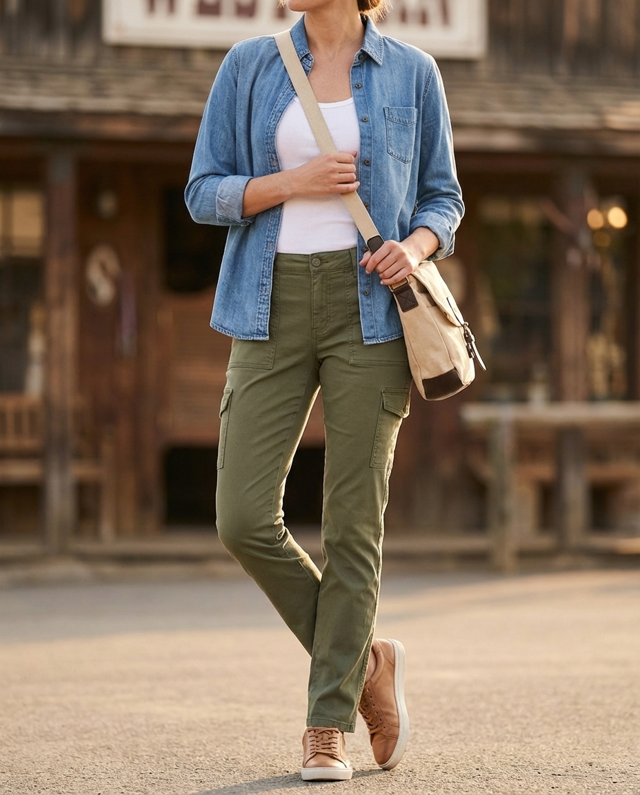 Relaxed western chic outfit 2026 for weekend errands, featuring an oversized light blue denim shirt over a white tank with olive cargo pants.