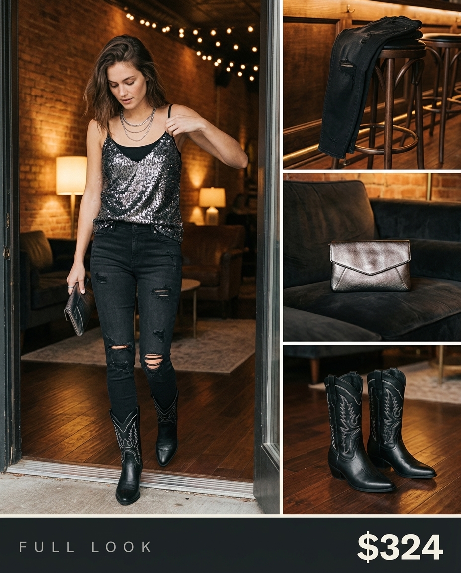 Edgy western chic outfit 2026 with black distressed jeans, a sequin camisole, and black cowboy boots, ideal for a concert.
