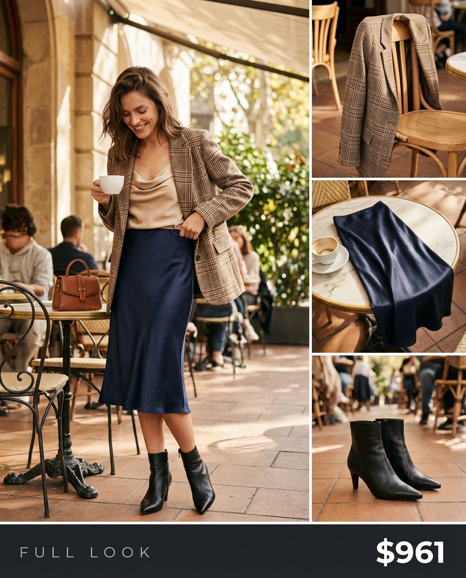Polished western chic outfit 2026 featuring a plaid oversized blazer, champagne silk camisole, black slip skirt, and ankle boots.