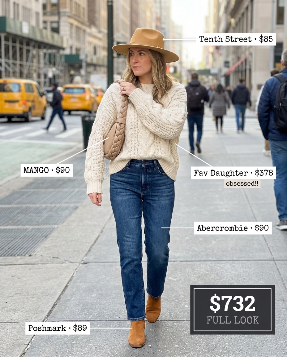 A cozy Southwestern charm western chic outfits 2026 with a cream cable knit sweater, medium wash jeans, and camel felt hat. Tan suede boots and hobo bag.