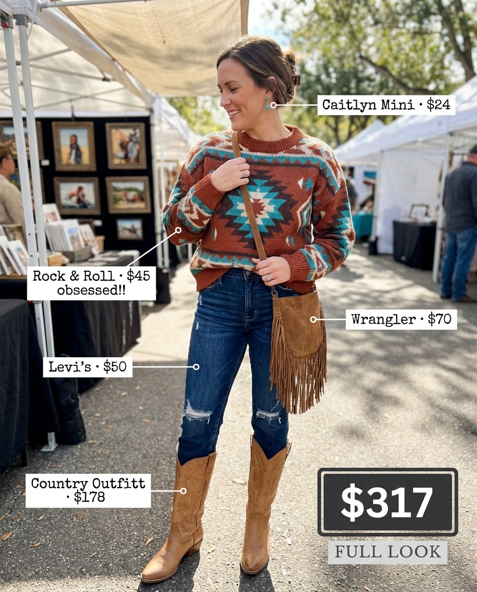 A woman wears a colorful Southwestern stripe sweater, dark wash jeans, and tan cowboy boots for a casual western chic outfits 2026 look. Features a fringe crossbody bag and turquoise earrings.