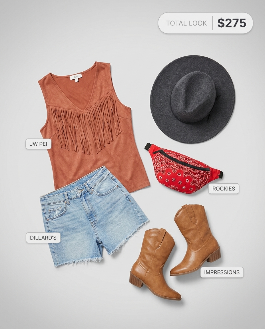 Energetic western chic festival outfit 2026 with a black suede fringe top, distressed denim shorts, white cowboy boots, and a fedora.
