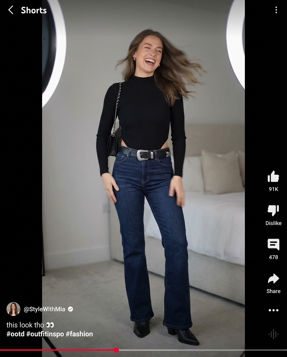 Edgy urban cowboy cool western chic outfit with high-rise dark wash flare jeans, a black mock neck top, and a black leather western belt, suitable for city brunch or a casual date night. Discover western chic outfits 2026 trends.