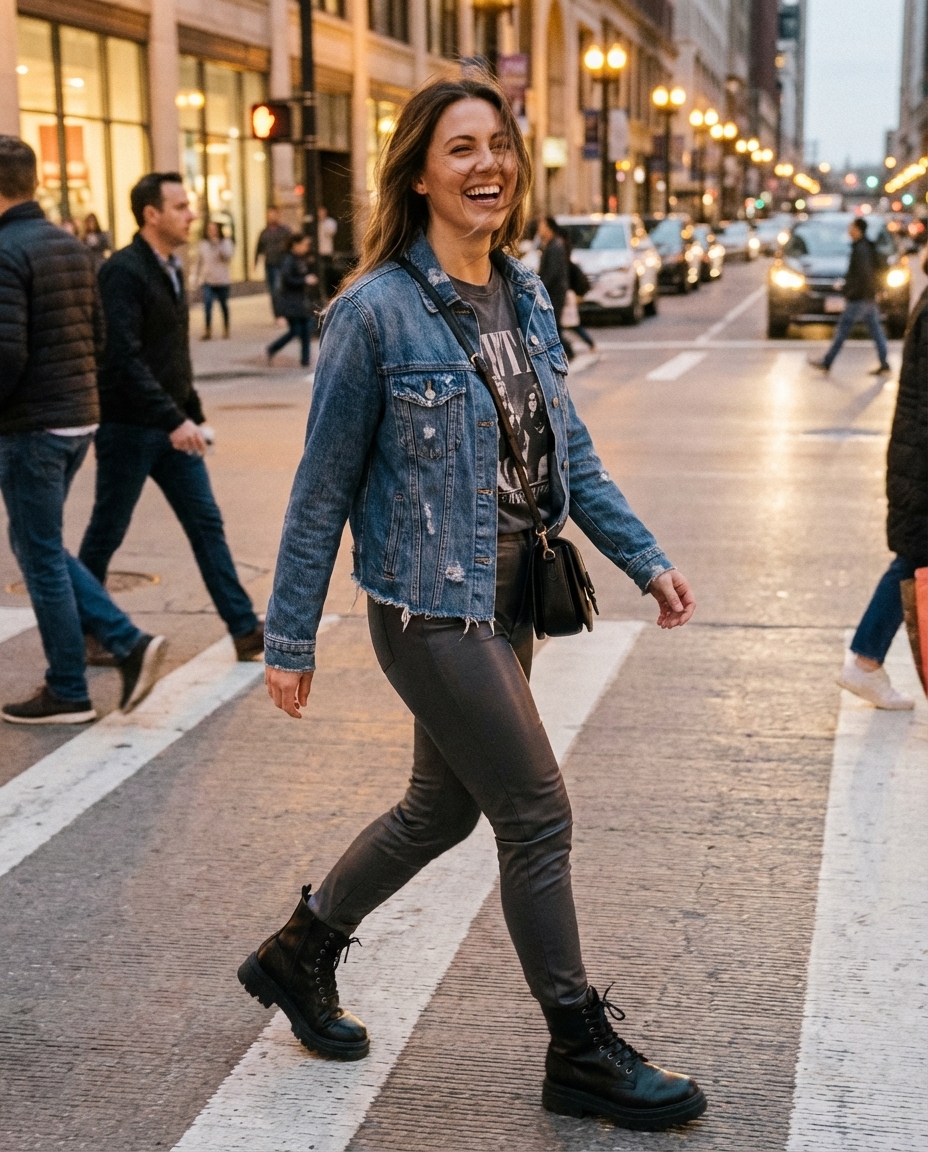 An edgy urban outlaw western chic outfits 2026 with black faux leather pants, a graphic band tee, and an oversized distressed denim jacket. Black combat boots and a chain strap bag complete the look.