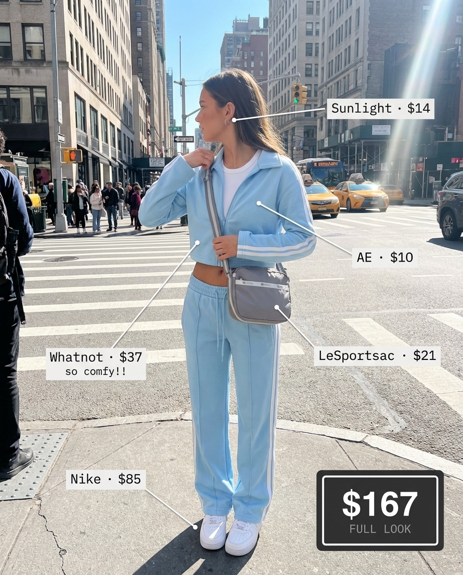 Sporty y2k summer outfits 2026 featuring a baby blue cropped zip-up tracksuit, white ribbed tank top, classic white sneakers, and grey crossbody bag for a comfy, cool casual day out.