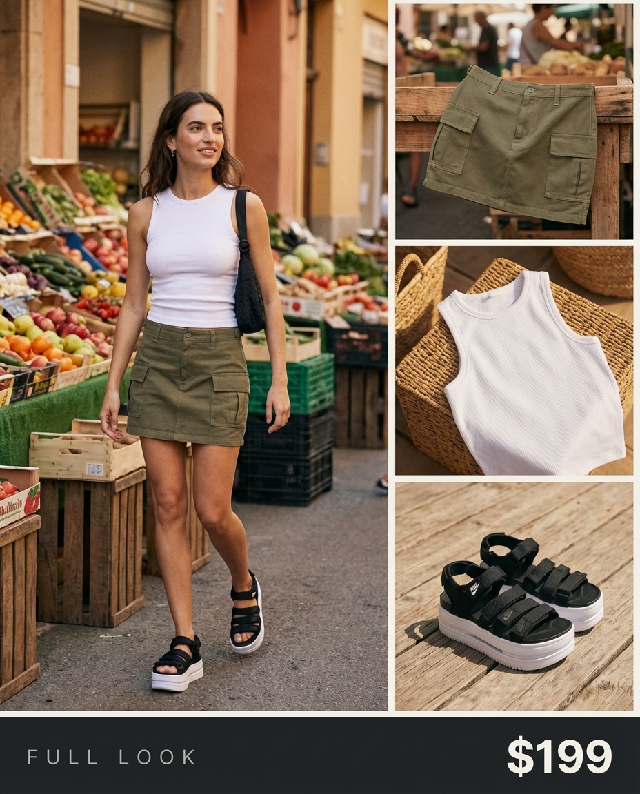 Utilitarian Y2K summer outfits 2026: an olive green cargo mini skirt with large pockets, a white ribbed tank top, black sporty platform sandals, a black crossbody mini bag, and silver hoop earrings. Great for outdoor events.