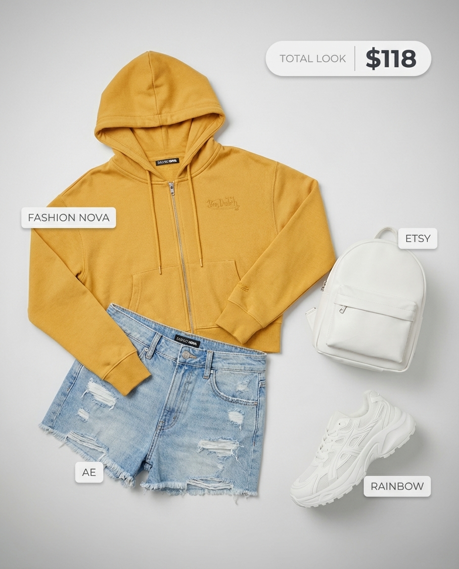 Relaxed y2k summer outfits 2026 featuring light wash high-waisted distressed denim shorts, a bright orange cropped graphic hoodie, white chunky sneakers and mini backpack for a causal hangout.