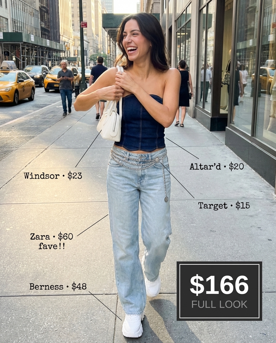 Cool y2k summer outfits 2026 featuring medium wash low-rise wide-leg jeans, matching strapless denim tube top, white chunky sneakers, and a silver chain belt for a casual outing.