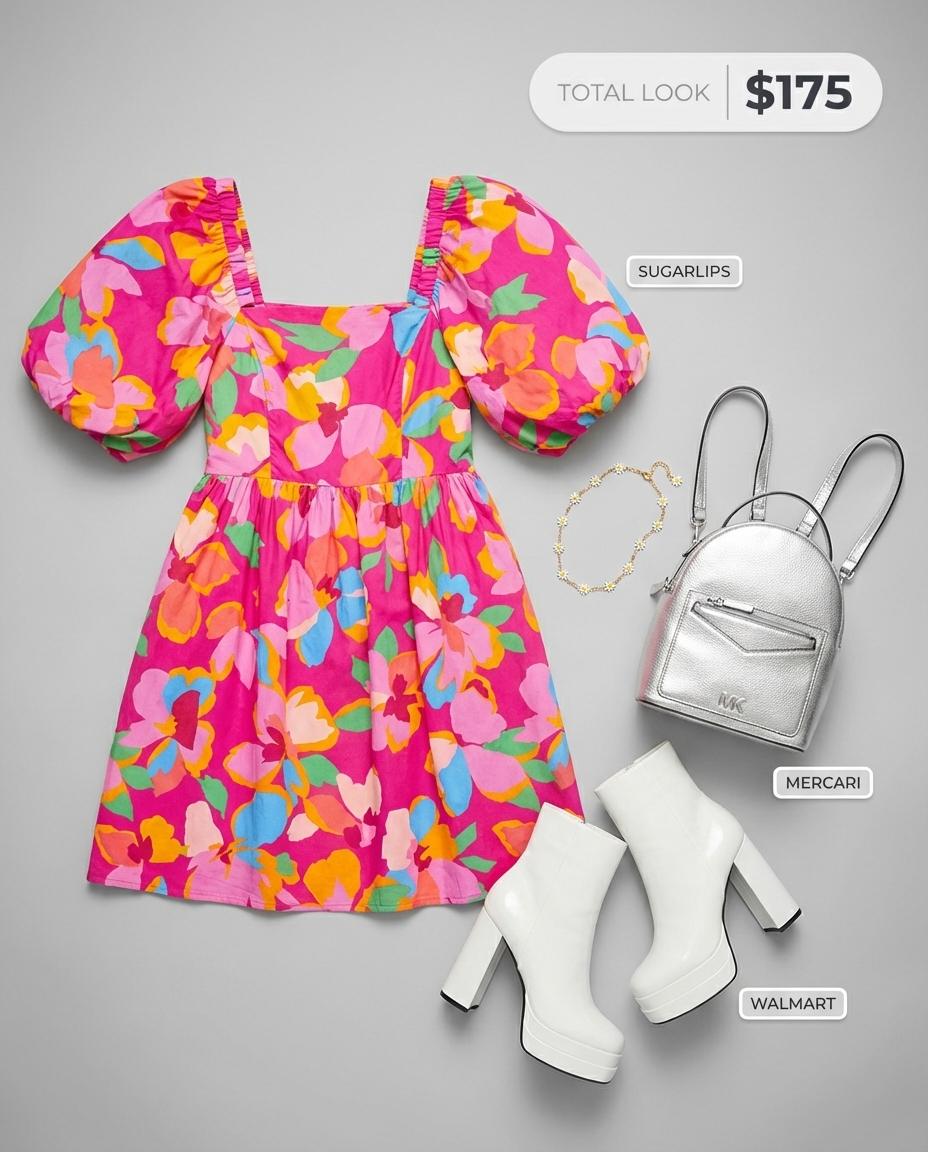 Floral Y2K summer outfits 2026: a fuchsia floral print babydoll mini dress with puff sleeves, paired with white platform ankle boots, a metallic mini backpack, and a daisy chain choker, perfect for festivals.