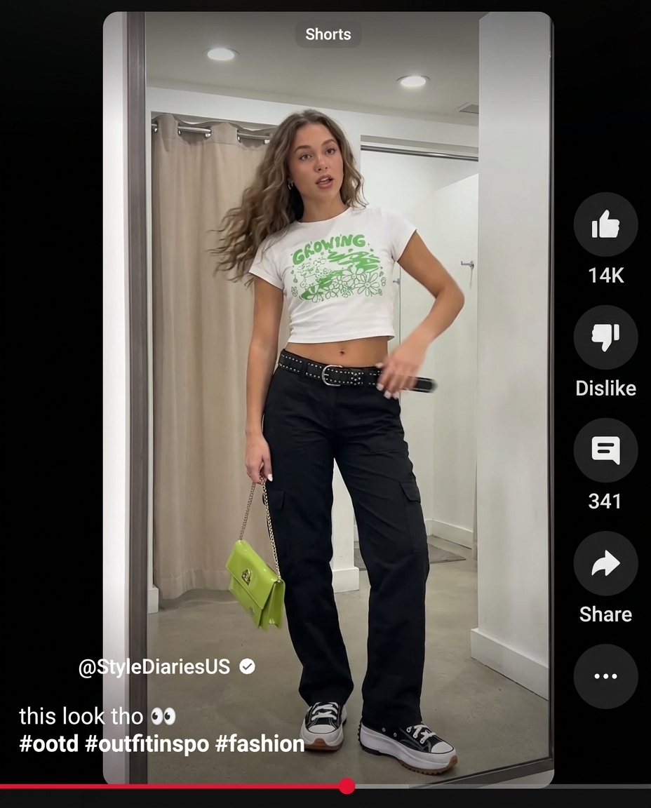 Rebellious Y2K summer outfits 2026 with a Pop Punk Princess theme: a white graphic cropped baby tee with neon green print, black low-rise cargo pants, neon green mini shoulder bag, and chunky platform sneakers. Ideal for concerts.