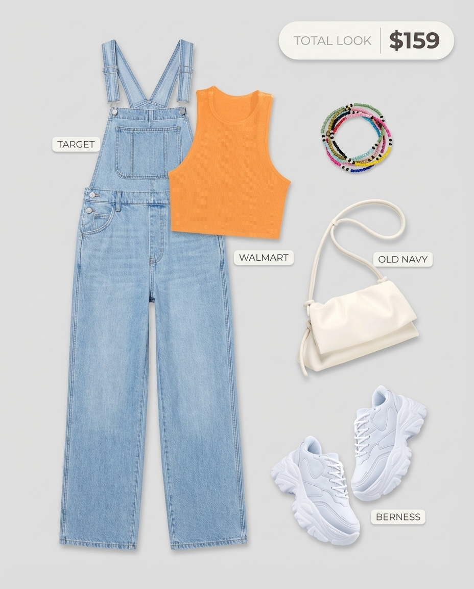 Y2K summer outfits 2026 featuring a playful casual look with light wash denim overalls, a bright orange ribbed crop top, white chunky sneakers, and a white crossbody bag. Perfect for a park hangout or day out.