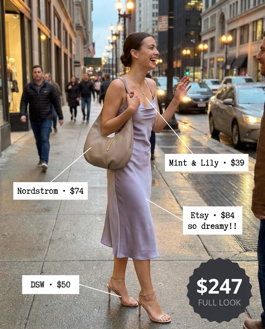 Romantic y2k summer outfits 2026 with a lavender satin midi slip dress, nude strappy heels, a delicate gold pendant necklace, and a small nude shoulder bag, ideal for date night.