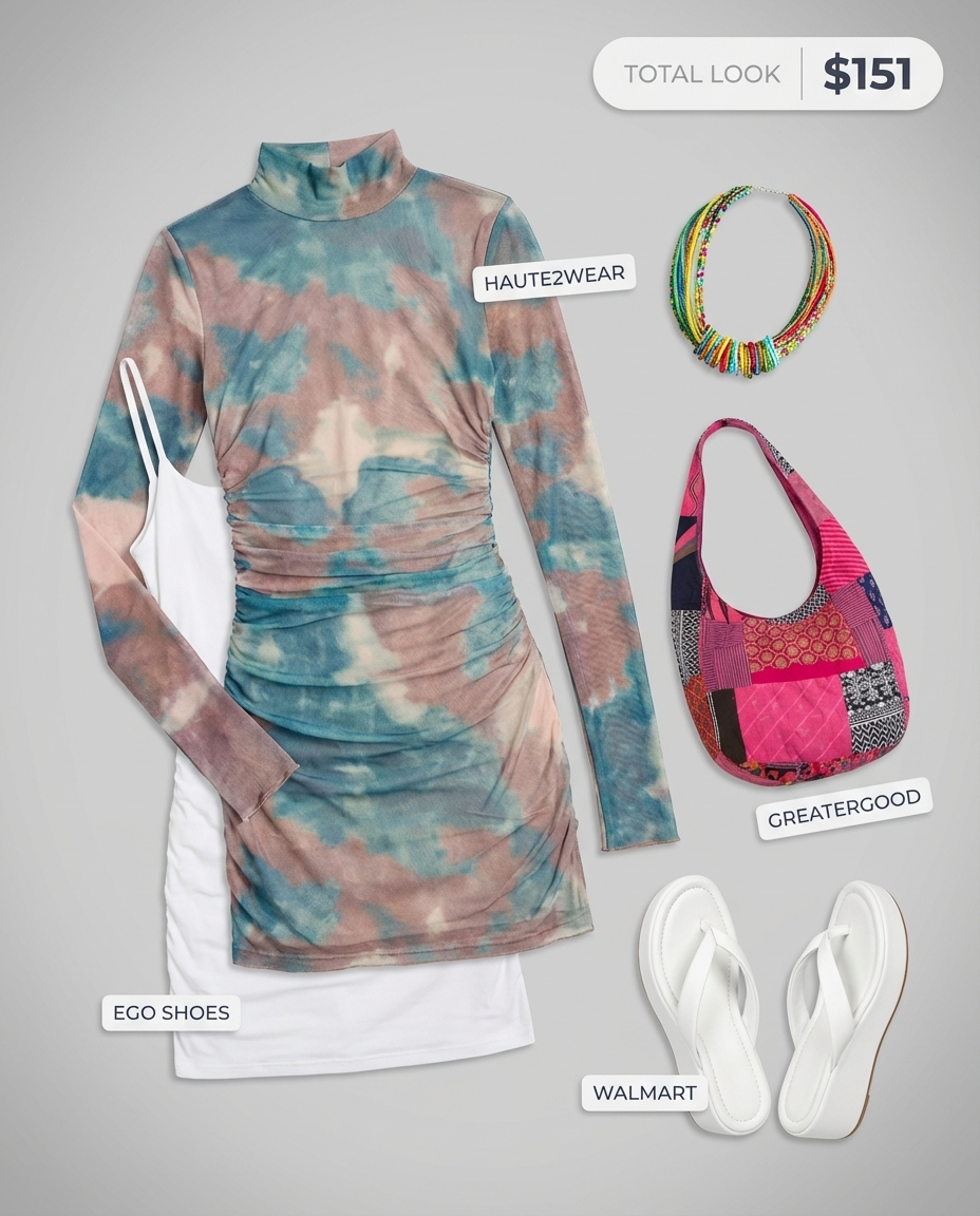 Bohemian Y2K summer outfits 2026 for festivals: a tie-dye mesh mini dress over a white slip, styled with chunky platform flip-flops, layered beaded chokers, and a patchwork mini hobo bag, exuding a free-spirited mood.