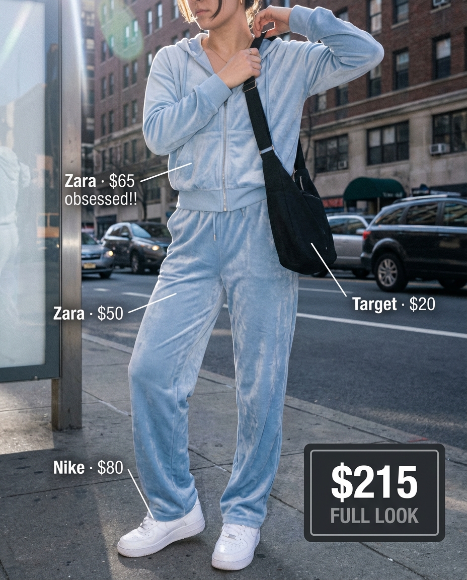 Nostalgic y2k summer outfits 2026 with a baby blue velour tracksuit, white cropped ribbed tank top, classic white chunky sneakers, and silver metallic shoulder bag for a comfortable day out.
