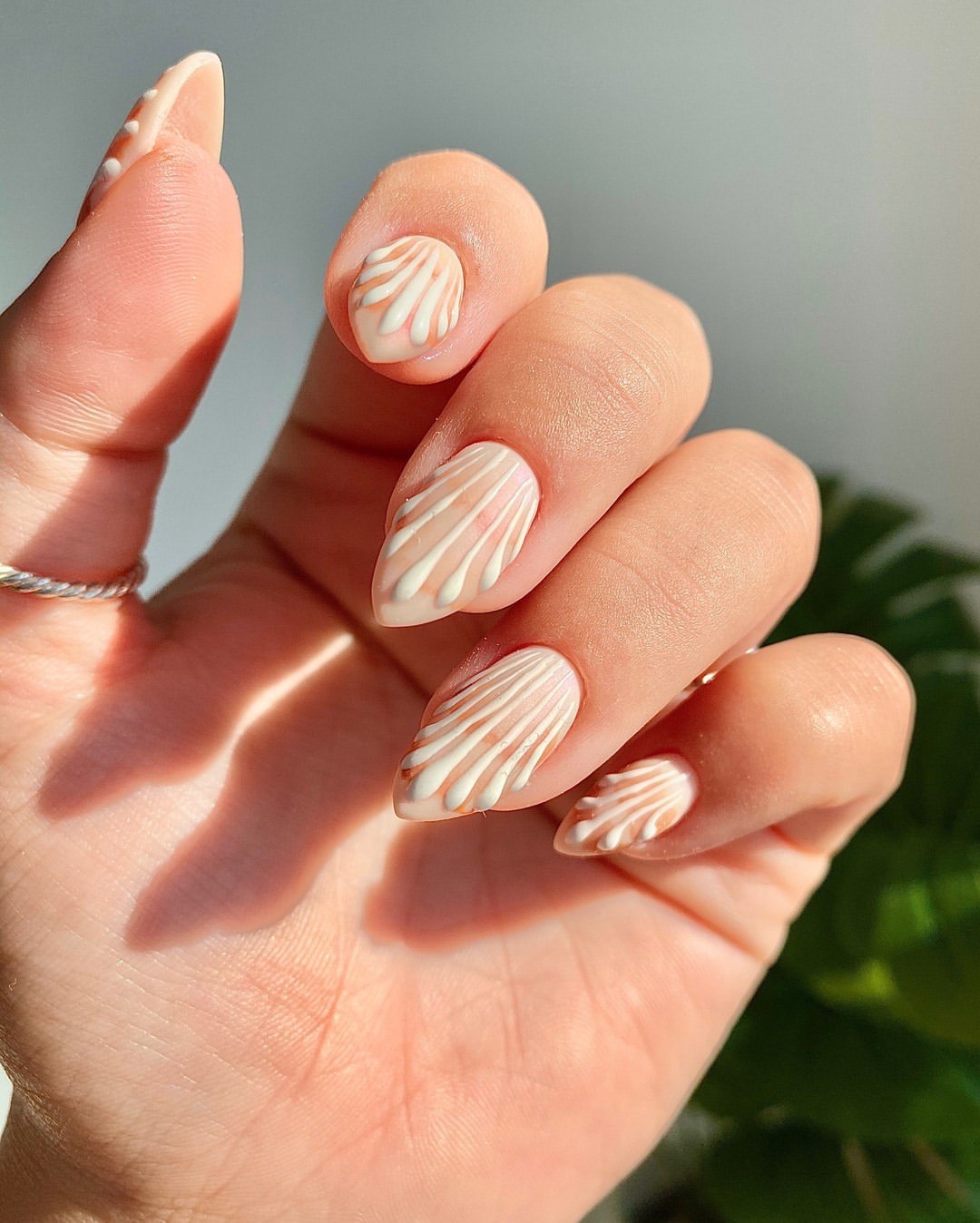 3D Seashell Textured Cream Almond Nails