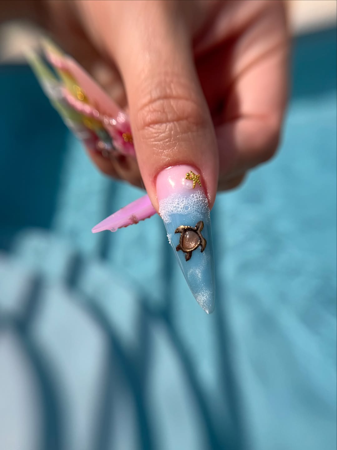 Acrylic Sea Bubble Turtle Stiletto Nails