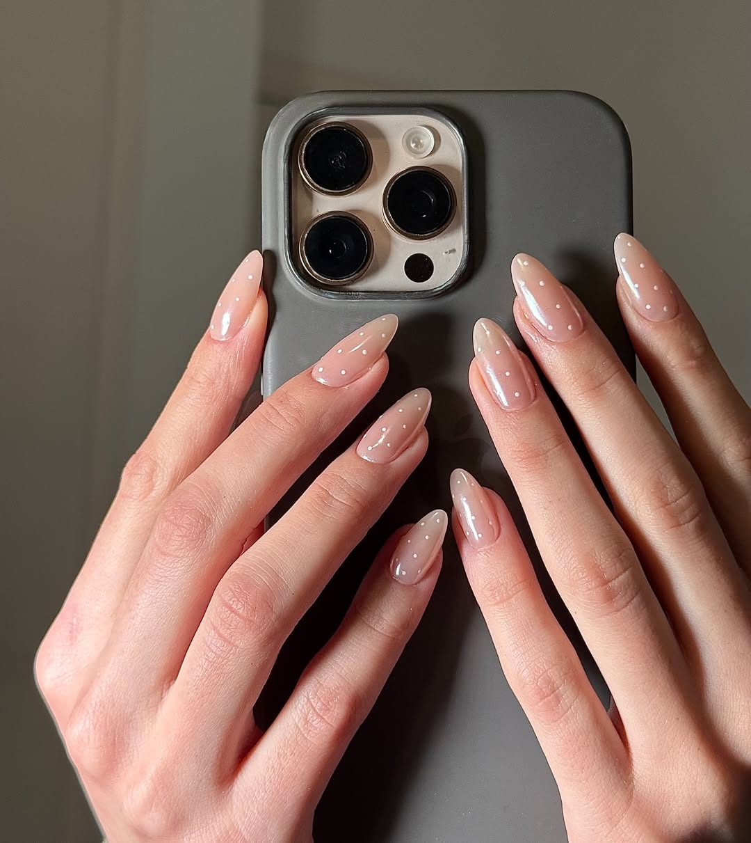 Apricot Jelly Polka Dot Almond Nails