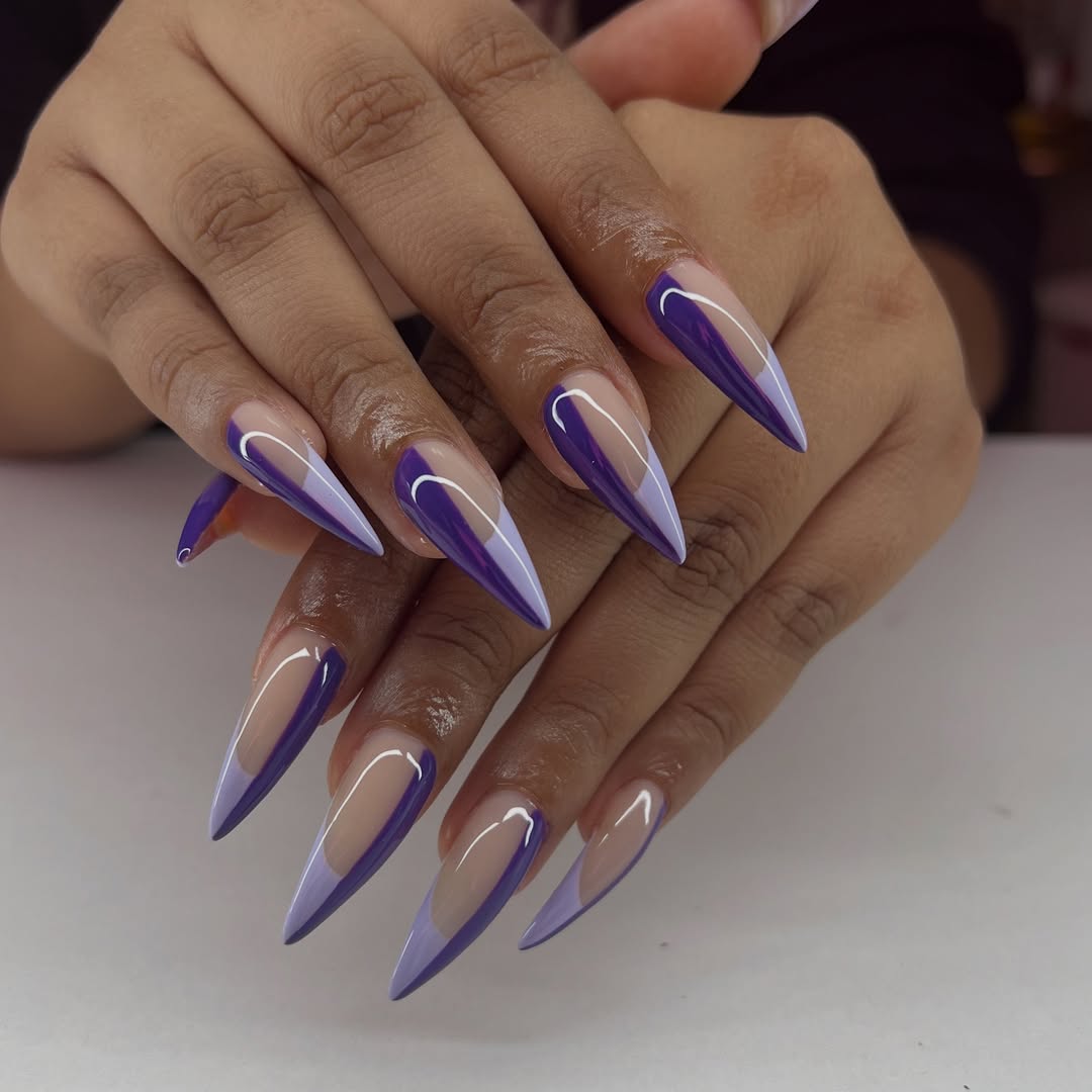 Asymmetric Purple Split Stiletto French Tips