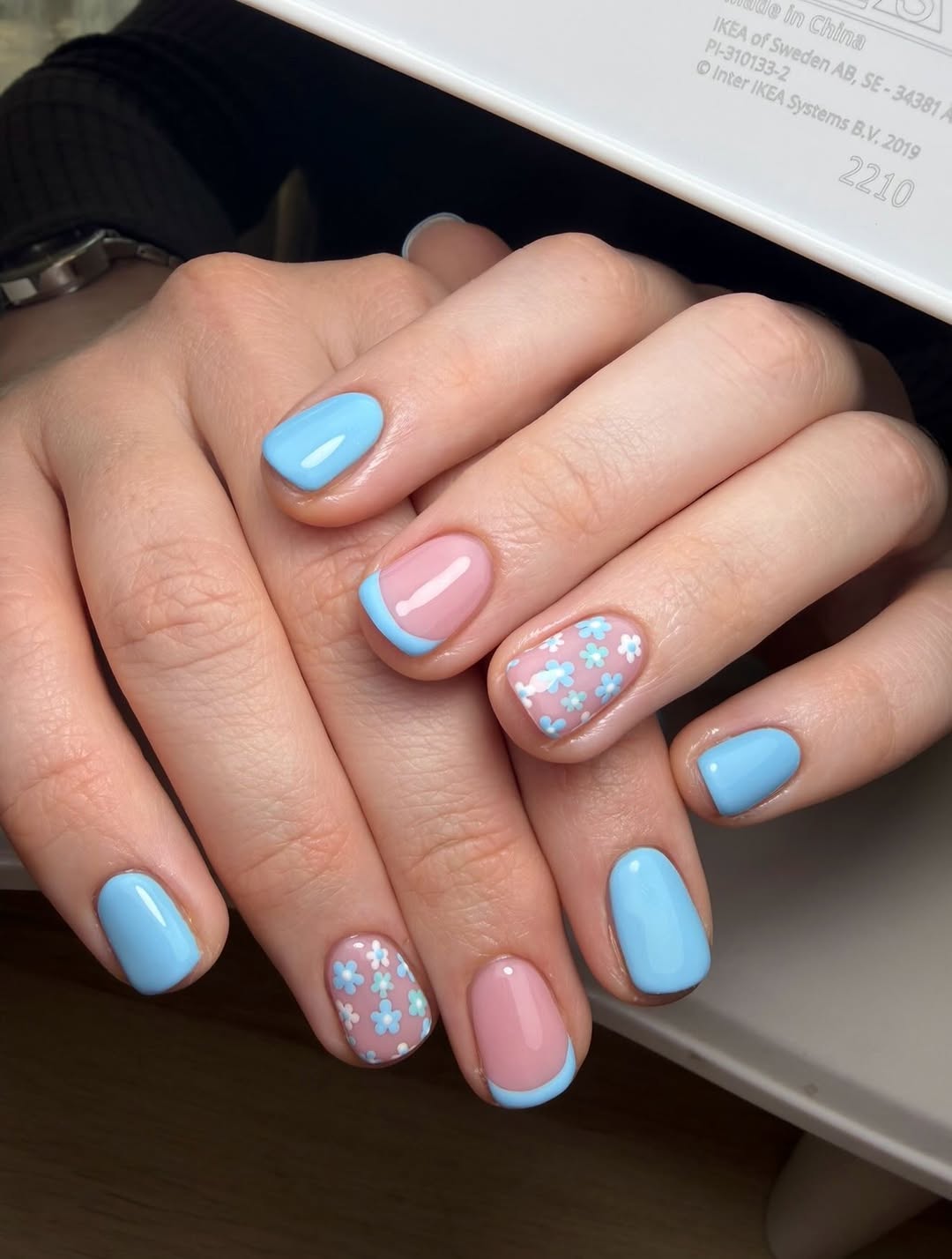 Baby Blue French Tips and Floral Accents