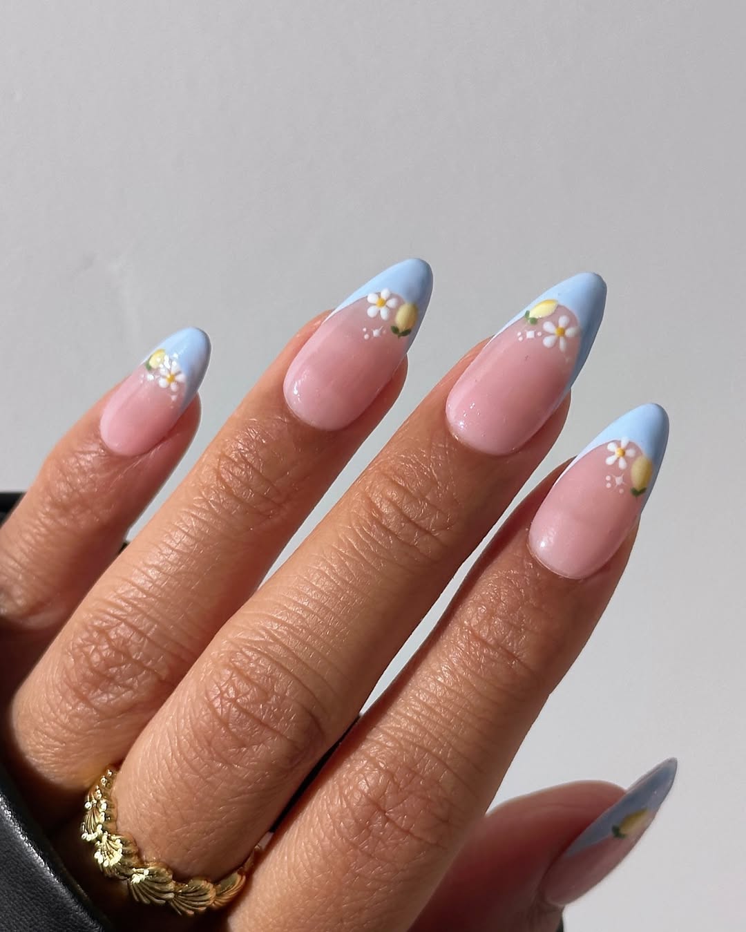 Baby Blue French Tips With Lemon Blossom Accent