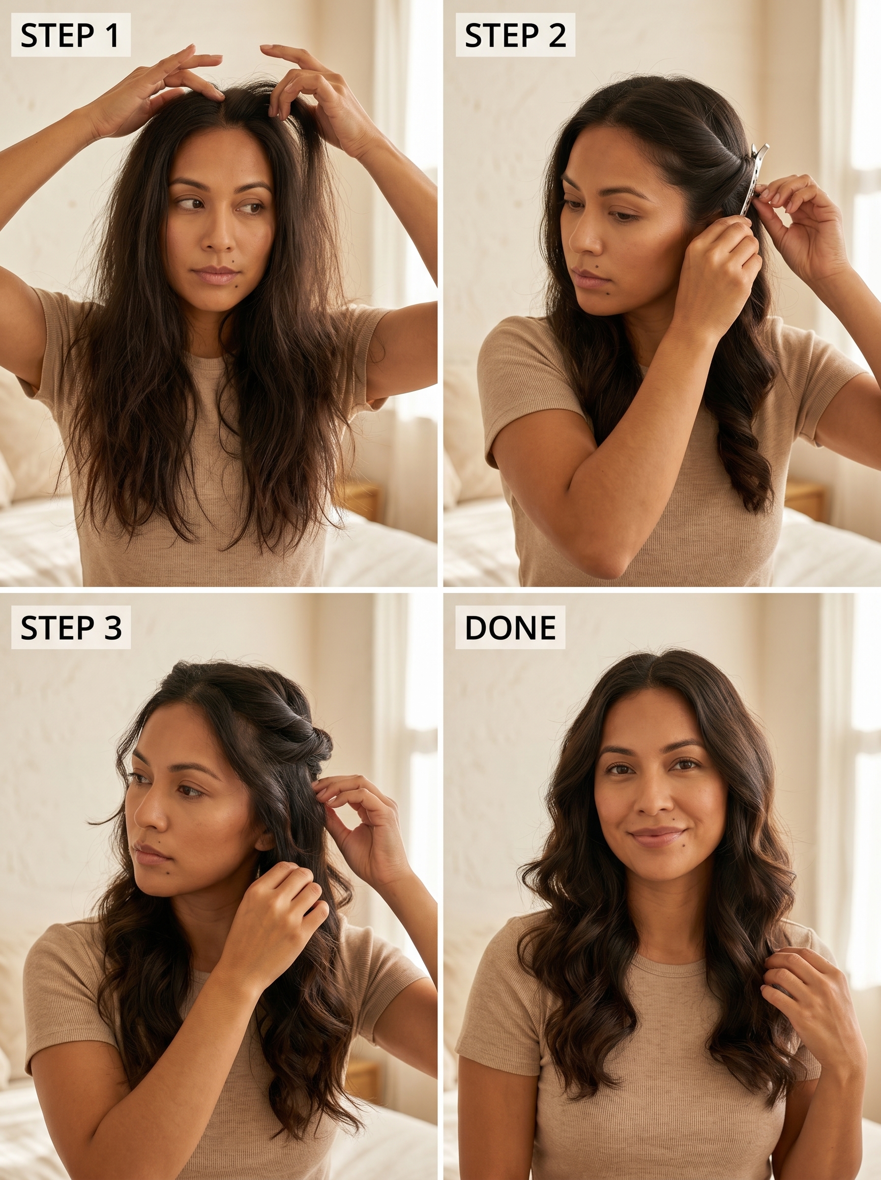 Easy 'Twist and Clip' Beach Waves Hair Summer 2026 Relaxed 'Twist and Clip' air dry method for beach waves hair summer 2026, featuring saltwater blonde hair with sun-baked terracotta tones, for an effortless casual outing.