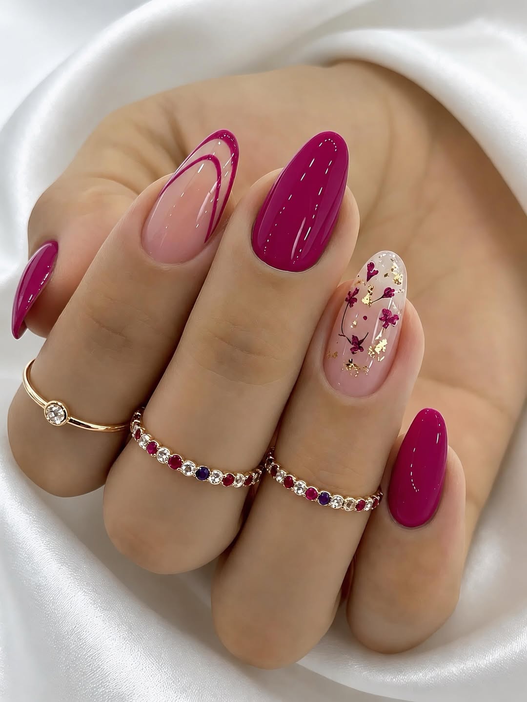 Berry Pink Glossy Abstract Floral Almond Nails