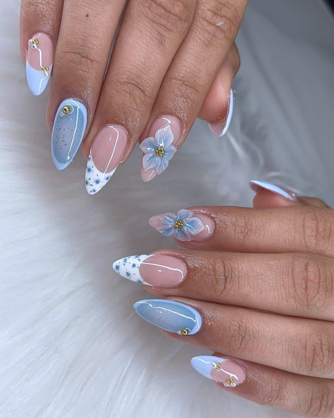 Blue Almond French Tips With 3D Floral Accents