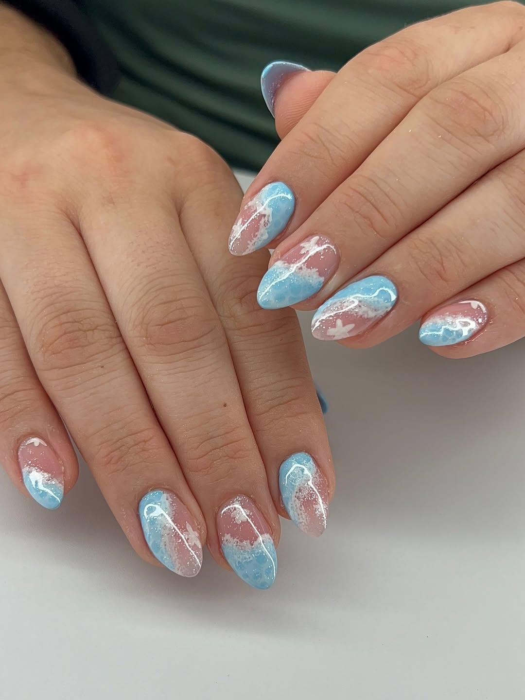 Blue and Pink Ocean Wave Glitter Almond Nails